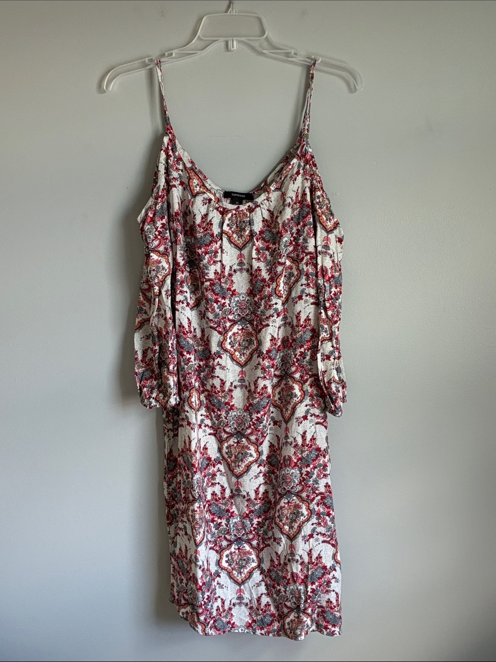 Espresso White Cold-Shoulder Mini Dress with Red Floral Print